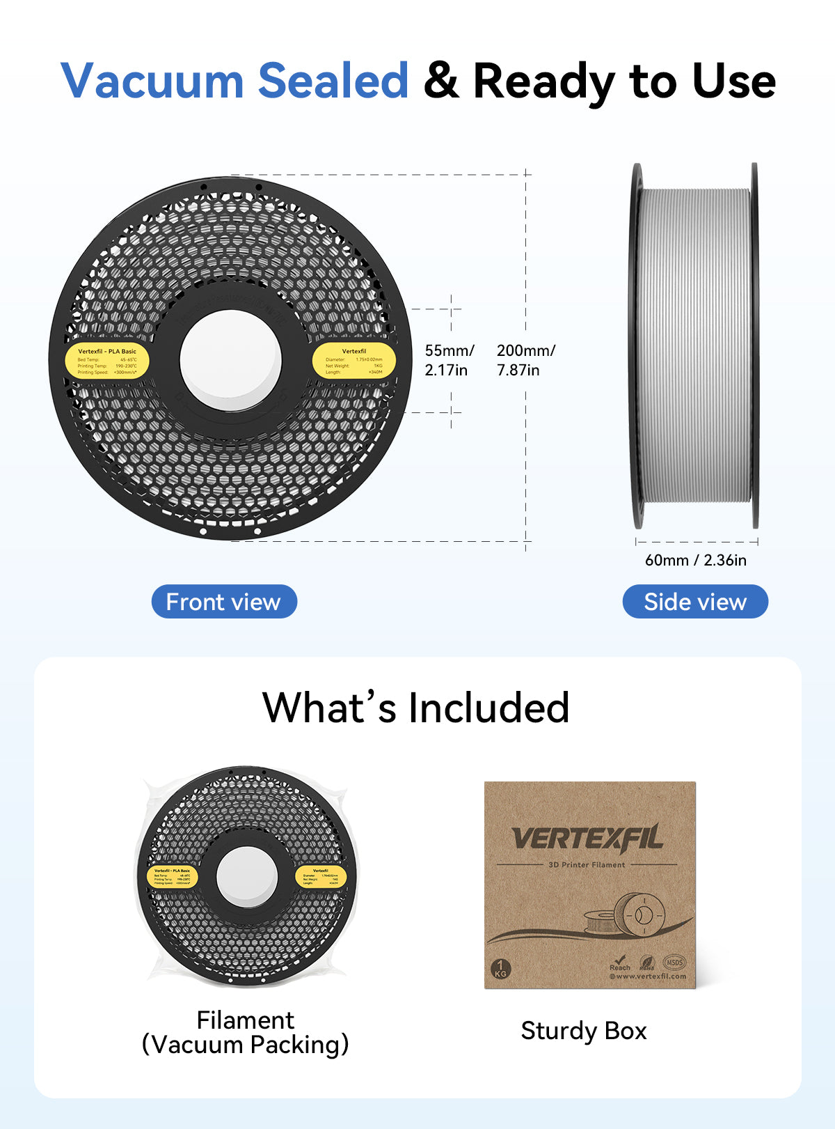 Vertexfil PLA Filament 1.75mm Premium 10kg Carton Box (10 x 1kg Spools) - High Speed 3D Printing Filament