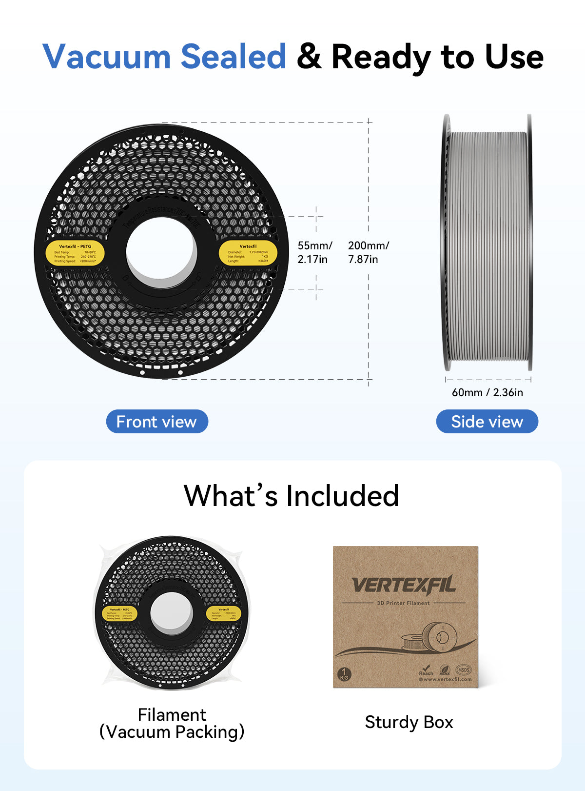 Vertexfil PETG Filament 1.75mm High Speed 10kg Carton Box (10 x 1kg Spools) - Dimensional Accuracy ±0.02mm